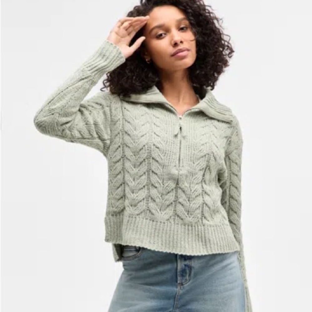 NWT Hippie Rose Sage Green Chenille Cable-Knit Half-Zip Sweater